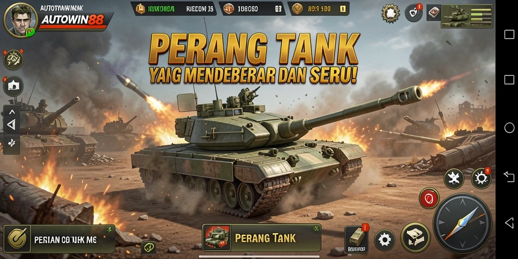 Screenshot menunjukkan aksi pertempuran tank yang intens di AUTOWIN88.