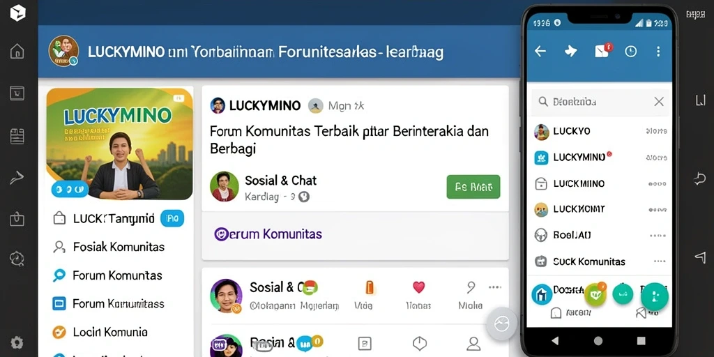 Antarmuka utama aplikasi LUCKYMINO dengan forum diskusi aktif.