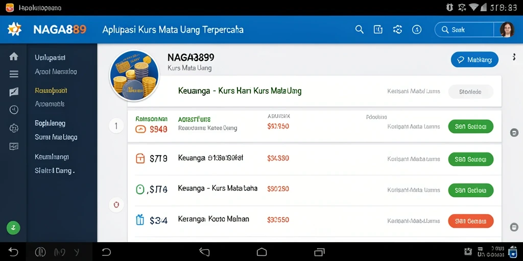 Antarmuka aplikasi NAGA889 yang menampilkan nilai tukar mata uang.